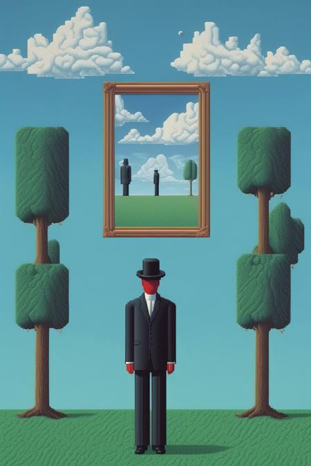 <lora:Rene Magritte Style:1>Rene Magritte Style - Magritte-esque scenes rendered in pixelated 16-bit video game aesthetics, with flat and surreal visual concepts including bizarre juxtapositions of ordinary objects.