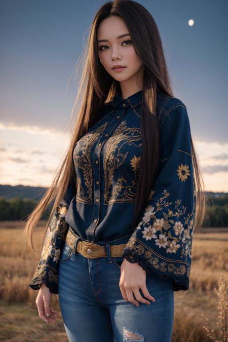 masterpiece, ultra detailed, woman, waring batic, blouse, long hair, windy, wearing long jeans, wearing inner longshirt, background is rural area, (night:1.2), detailed shadow, detailed face textures