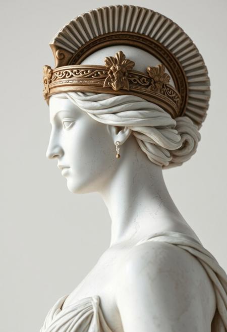 side view of Athena Pallas the ancient greek Goddess, she wears a greek helm, masterpiece, best quality, high quality, hyper detailed, high res, intricate detail, HDR, 8k, sharp focus, detailed background, realistic white smooth stone surface, detailed skin texture, realistic, white background