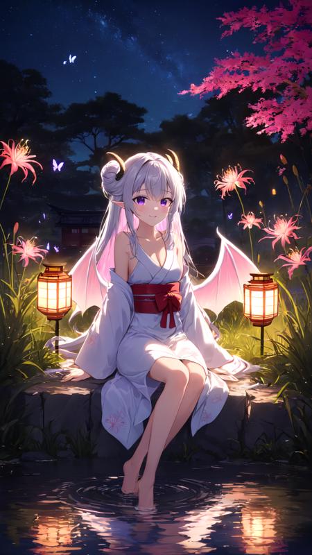 (masterpiece),(highest quality),highres,(an extremely delicate and beautiful),(extremely detailed),
1girl, solo, horns, dragon horns, dragon wings, dragon tail, dragon girl, spider lily, pointy ears, japanese clothes, flower, barefoot, long hair, tree, water, white kimono, sitting, outdoors, wet, night, wet clothes, soaking feet, lantern, bangs, pink flower, purple flower, silver hair, see-through, bare shoulders, looking at viewer, sky, house, blue flower, purple eyes, blush, one side up, bare legs, butterfly, building, wet kimono, night sky, bug, long sleeves, sundress, white flower, blurry, blurry foreground, depth of field, off shoulder, hair between eyes, collarbone, scenery, red flower, reflection, closed mouth, sleeveless, grass, off-shoulder kimono, ripples, lake, star \(sky\), small breasts, paper lantern, half updo, pink hair, long hair, strap slip, plant, artist name, pink butterfly, smile, closed mouth, starry sky, looking away
BREAK
A dragon girl with silver hair and purple eyes sits by a serene lake at night, adorned in a white, off-shoulder kimono that's soaked from her soaking feet to the tips of her long sleeves. Her dragon wings, tail, and horns are subtly highlighted by the soft glow of a paper lantern nearby. Her eyes meet yours for a moment before she looks away, a gentle smile on her closed mouth. The scenery around her is a mix of traditional Japanese aesthetics and mystical elements: spider lilies, various other flowers in shades of pink, purple, and white, and even a few fluttering butterflies adorn the space around her. A starry night sky is reflected in the lake's ripples, adding depth to the field. In the blurry foreground, blades of grass and plants dance in the gentle wind. The entire scene is ethereal, caught between the realms of reality and fantasy.