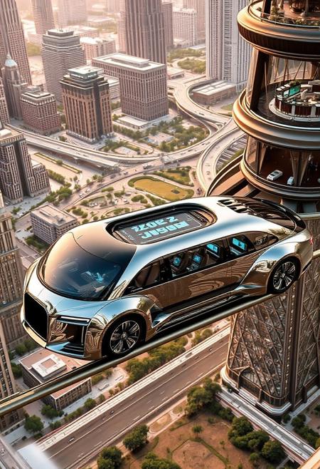 YFG-R1gs, A luxurious, self-driving limousine, its polished chrome body reflecting the opulent surroundings of a floating city, glides smoothly through the air. The limousine's interior is a haven of comfort, with plush seating, holographic entertainment systems, and a fully stocked bar. The vehicle's advanced AI anticipates traffic patterns and ensures a safe and efficient journey. The surrounding floating city is a marvel of engineering, with towering skyscrapers, lush gardens, and advanced transportation systems.