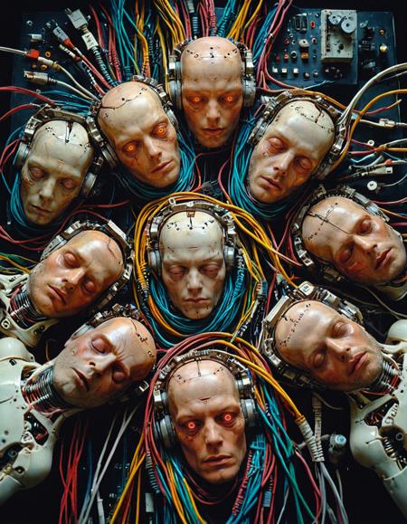 Hyperrealistic art Surrealist art breathtaking overhead shot of multiple pale human heads connected to a dense array of colorful cables,eyes shut in artificial slumber,heads resting on a steel slab embedded with circuitry and mechanical ports,background filled with robotic limbs and mechanical processors,soft ambient lighting with cold undertones,eerie stillness in high detail,photographed on Cinestill 50D,Sony FX3 with 35mm macro lens,tone of digital entombment and identity serialization,
<lora:add-detail-xl:1>,OverallDetailXL,ArsMovieStill,<lora:MJ52_v2.0:0.7>,<lora:EldritchCandids1.1.2:0.75>,<lora:EpicF4nta5yXL:0.6>,<lora:Year_3000_Movie_Stills:0.7> . award-winning, professional, highly detailed . Dreamlike, mysterious, provocative, symbolic, intricate, detailed . Extremely high-resolution details, photographic, realism pushed to extreme, fine texture, incredibly lifelike