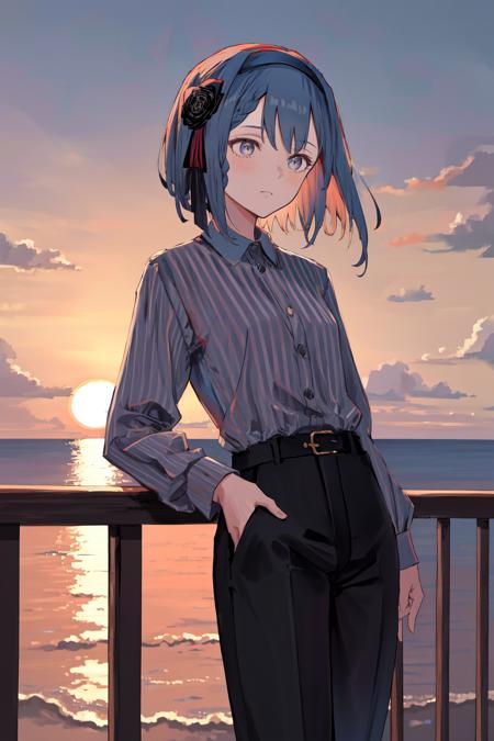 masterpiece, best quality, highres,  1girl short hair hairband hair flower braid <lora:oscar_no_outfit:1> sunset, striped shirt, long sleeves, black pants