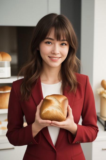 photo realistic, masterpiece, best quality, studio lighting, solo, jmc <lora:jennettemccurdyV01:1>, <lora:polyhedron_skinny_all:.3>, pink suit, holding a ((bread,puff)) (Urn) with ((two hands)) , light smiling ,  blonde highlights with bangs , bakery background,(looking at viewer, realistic eye and face details),film grain:1.5, Kodak Max 400 Film), (nsfw:1.2)