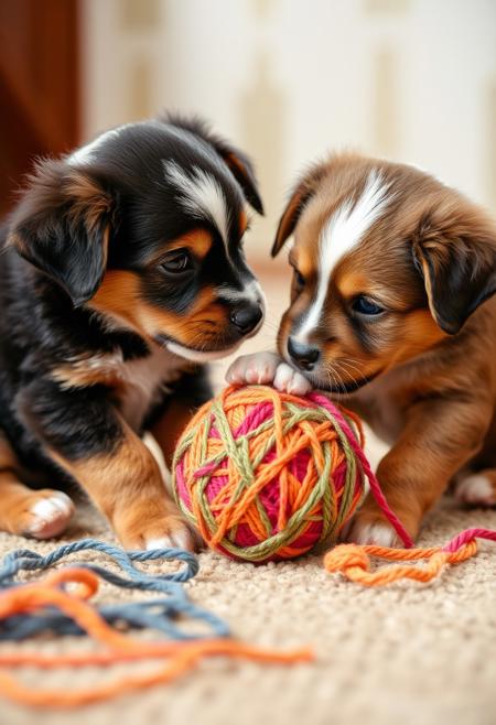 puppies playing with a ball of yarn