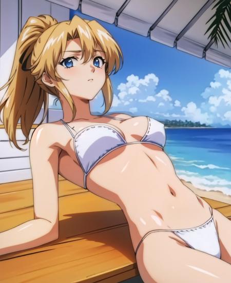 <lora:aikastylev1:1> , 1girl, masterpiece, best quality, extremely detailed 8K wallpaper, skin tight, ultra detailed, volumetric lighting,  best anatomy, detailed eyes, beautiful eyes, best shadow,   retro artstyle, 1990s (style), anime screencap , screencap , beach, sand, palm trees, town in the background, blonde girl, yellow hair, long hair, blue eyes, bikini, solo, ponytail , closeup