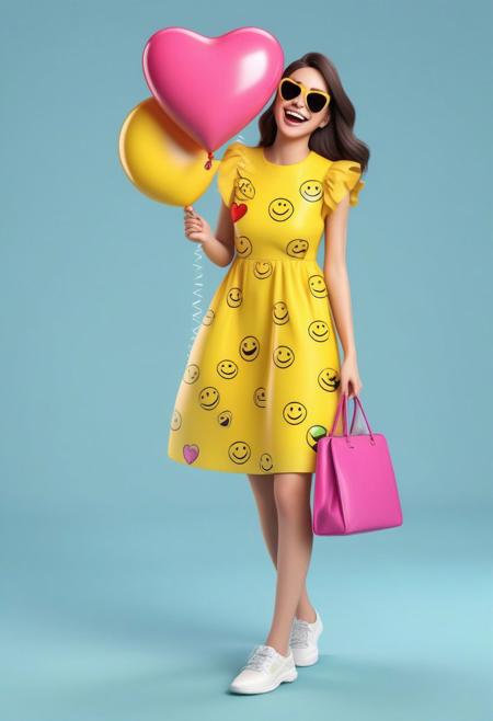 fcNeg, Design a playful and colorful digital illustration featuring a fashionable and confident woman wearing a vibrant yellow dress and carrying a pink bag and a smiley face balloon. The woman should have a round and jiggly belly, adding a touch of charm and playfulness to her appearance.
The illustration should focus on the woman's expressive face and bubbly personality, showcasing a range of emoji expressions such as smiles, winks, and tongue-out grins. Incorporate additional emojis like heart-eyes, sunglasses, and fashionable accessories to convey the woman's stylish and upbeat nature.
The overall design should evoke a sense of fun and joy, celebrating the light-hearted and carefree spirit of the Emoji Queen. The illustration should invite viewers to embrace their own sense of playfulness and express themselves freely through the use of emojis and vibrant fashion.