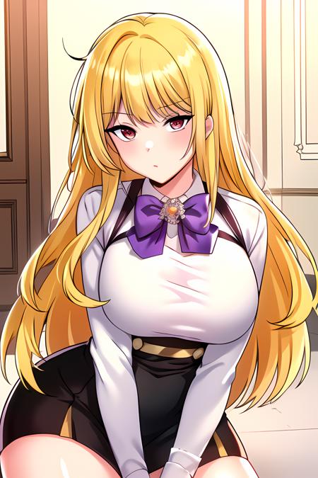 ((masterpiece, best quality)),1girl,standing,solo,indoors,blush,large breasts,((bare hands)),bow breasts,  bangs, alice \(uniform\) \(seka\), black_skirt, blonde_hair, bow, bowtie, breasts, cowboy_shot, eyebrows_visible_through_hair, high-waist_skirt, long_hair, long_sleeves, looking_at_viewer,purple_bow, purple_bowtie, red_eyes, skirt, (white_shirt),,,,,, ,extremely detailed CG unity 8k wallpaper, perfect lighting,Colorful, Bright_Front_face_Lighting,White skin, (masterpiece:1.0),(best_quality:1.0), ultra high res,4K,ultra-detailed, photography, 8K, HDR, highres, absurdres:1.2, Kodak portra 400, film grain, blurry background, bokeh:1.2, lens flare, vibrant_color,professional photograph,bow breasts,(Beautiful large_Breasts), (beautiful_face:1),(narrow_waist),Beautiful Finger,Beautiful long legs,Beautiful body,Beautiful Nose,Beautiful character design, perfect face,perfect balance,(2d)