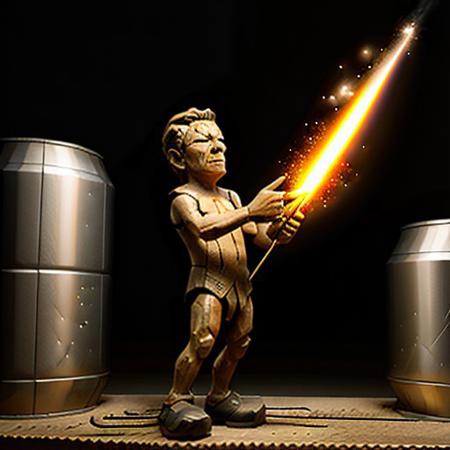 Wooden man shooting lightning from his hands, 8k extreme detail, Outside, standing next to a metal machine, realistic, perfect, no mistakes,
