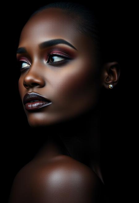 Ebony African Women, symmetrical  african female portrait, beautiful makeup, black background, side soft light, highly detailed, melancholic, masterpiece Photography in the style of Oleg Dou, soft light hyper clean photography, (((Oleg Dou photography style)))