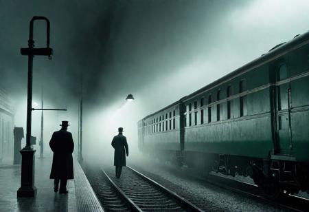 mysterious, distant train, de Chirico, surrealism, departure, arrival, dramatic lighting, long exposure, 8k, haunting, eerie, shadowy figures, misty atmosphere, deserted station, fog, mist, vintage, surreal, haunting, departure, arrival, dramatic composition, dramatic perspective, chiaroscuro lighting