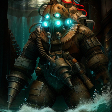 a bigdaddy inside the water close of a deep ruins, under the sea ,deep water background with ruins,full-length photo, 70mm lens, symmetrical, posing, sharp, textured skin, realistic,intricated detailed ,(perfect fingers:1.2),  photographed by a Nikon Z7 II Camera,8k uhd,    <lora:Bigdaddy-000006:1>