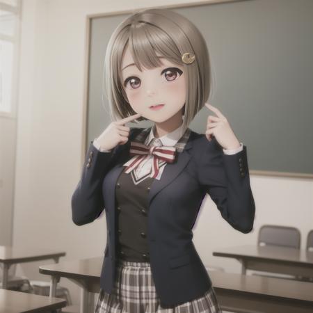 ((Masterpiece)), ((ultra quality)), <lora:kasumin:.8>, blunt bangs, blush, bob cut, bow, light brown hair, buttons, cowboy shot, crescent, crescent hair ornament, hair ornament, hairclip,nakasu kasumi, nijigasaki academy school uniform