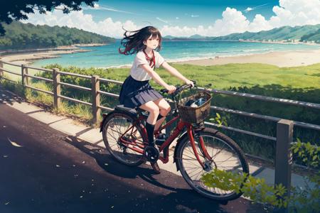 (masterpiece:1.2),best quality,PIXIV,
blues,bicycle,1girl,ground vehicle,1boy,outdoors,bicycle basket,sky,cloud,shirt,skirt,multiple riders,ocean,white shirt,day,horizon,black hair,depth of field,scenery,blurry,long hair,school uniform,blue sky,short sleeves,riding,shoes,dappled sunlight,socks,hill,sunlight,floating hair,pleated skirt,tree,serafuku,kneehighs,water,short hair,road,basket,shade,summer,grass,wind,plant,sitting,blouse,pants,
<lora:blues_20240115150616-000018:0.8>,