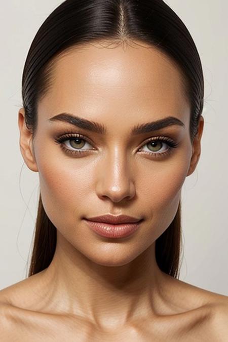 Close-up portrait of a stunning woman with captivating eyes, bare shoulder, and flawless, realistic skin texture. Symmetrical face, centered composition, white background. Highly detailed skin with subtle imperfections, inspired by Artgerm.