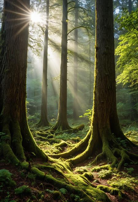 Enchanted forest glade with shafts of sunlight penetrating morning mist, ancient trees with gnarled roots and moss-covered bark. Natural lighting with god rays and atmospheric scattering, pristine wilderness photography. Macro details in forest floor vegetation combined with wide establishing perspective. Conservation photography aesthetic emphasizing natural beauty and ecological importance.