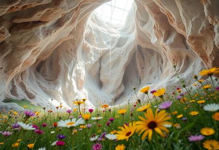 over the top hyperrealistic hypermaximalist field of wild flowers in a massive crystal cave with a skylight signature:"WSBest"