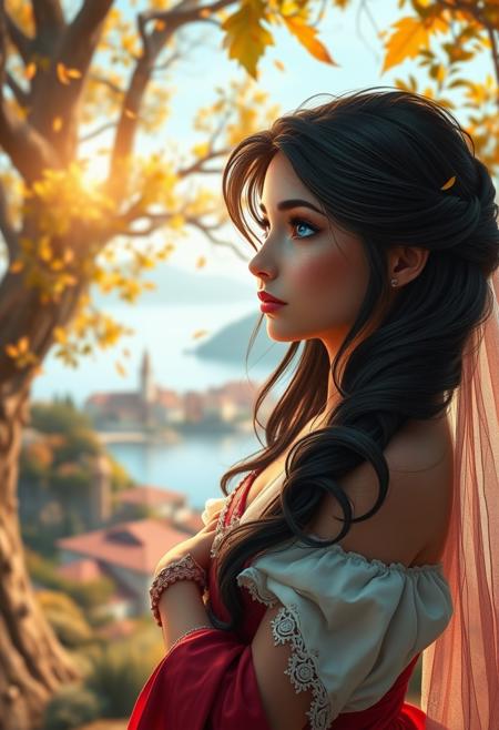(photorealism:1.5)
female princess,  thoughtful expression, gazing at the majestic tree, falling leaves,  calm coastal village in the background, warm sunlight, vibrant colors, high contrast, hyper-realistic, serene atmosphere, pensive pose, detailed, high-definition, reflective mood, peaceful setting, torn dressm long black hair, blue eyes
slight freckles, long eyelashes, thick eyebrows, torn pelvic sheer curtain, bridal gauntlets, torn red dress