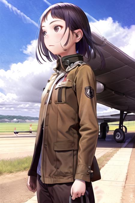 1girl, sunlight, closed mouth, battle field, airplane,  looking away,  <lora:renji_murata:0.87>