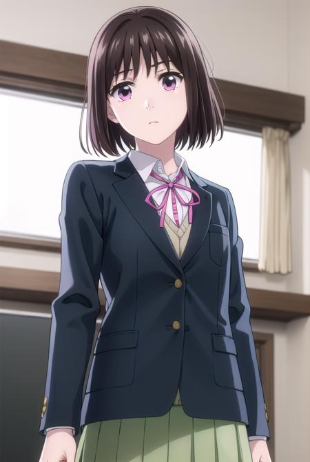 ichikaarima, <lora:ichika arima s1-lora-nochekaiser:1>,
ichika arima, short hair, brown hair, (pink eyes:1.3),
BREAK skirt, shirt, long sleeves, ribbon, school uniform, jacket, white shirt, pleated skirt, socks, collared shirt, red ribbon, kneehighs, neck ribbon, blazer, green skirt, black socks,
BREAK indoors, classroom,
BREAK looking at viewer, (cowboy shot:1.5),
BREAK <lyco:GoodHands-beta2:1>, (masterpiece:1.2), best quality, high resolution, unity 8k wallpaper, (illustration:0.8), (beautiful detailed eyes:1.6), extremely detailed face, perfect lighting, extremely detailed CG, (perfect hands, perfect anatomy),