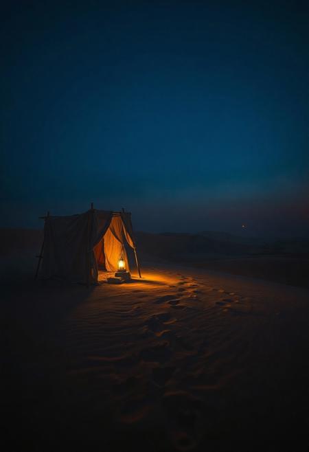 A nostalgic 4K desert scene at golden hour — endless dunes bathed in deep blue twilight, soft mist hovering near the horizon. A weathered caravan stands still, its fabric gently fluttering in the breeze. Faint lantern light flickers inside, casting long shadows on the sand. Footprints trail off into the distance. The air is still, heavy with memories. Perfect for a slow dolly shot — cinematic framing, emotional atmosphere, deep focus, soft grain, One Heart style, ultra-detailed, warm and cool tones blending in harmony.