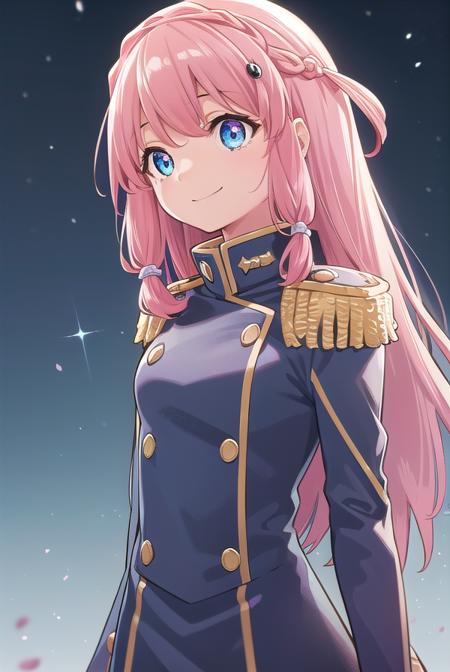 neiookawamura, <lora:nei ookawamura manga-lora-nochekaiser:1>,
nei ookawamura, long hair, blue eyes, hair ornament, pink hair, braid, smile,
BREAK gloves, boots, belt, skirt, uniform, military, military uniform, epaulettes,
BREAK outdoors, space, starry sky, star \(sky\), moon,
BREAK looking at viewer, (cowboy shot:1.5),
BREAK <lyco:GoodHands-beta2:1>, (masterpiece:1.2), best quality, high resolution, unity 8k wallpaper, (illustration:0.8), (beautiful detailed eyes:1.6), extremely detailed face, perfect lighting, extremely detailed CG, (perfect hands, perfect anatomy),