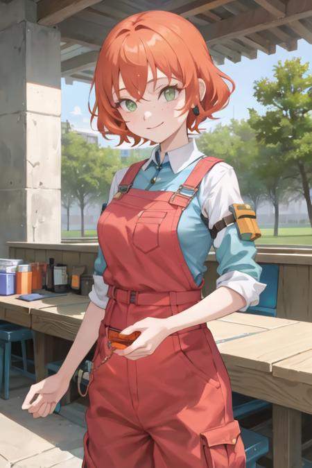 1girl, sxfrances, short hair, orange hair, green eyes, freckles, red overalls, blue_shirt, roll up sleeve, smile, solo, looking at viewer <lora:frances-v2:0.6>