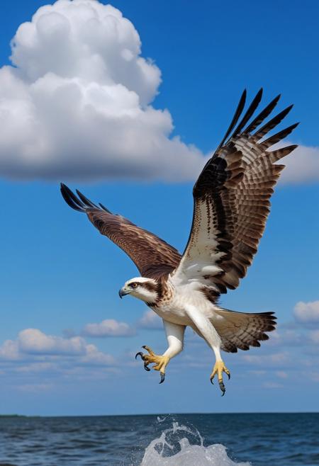 osprey eagle in flight rushing into the sea, blue sky background with cumulo-nimbus cloud, photography very realist