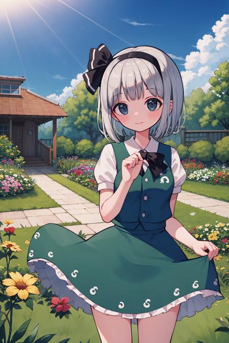 best quality, 1girl, solo, konpaku youmu, cowboy shot, skirt lift, lifted lifted by self, garden, outdoors, sunrays, cloud, sky, outdoors, cloudy sky, leaf, sunbeam
<lora:dusty_dream_v1-000015-32rank:1>