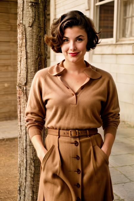 f3nn, woman, hyperealistic, 50s clothing, realistic skin, beautiful,(8k) (HDR), classic beauty, retro