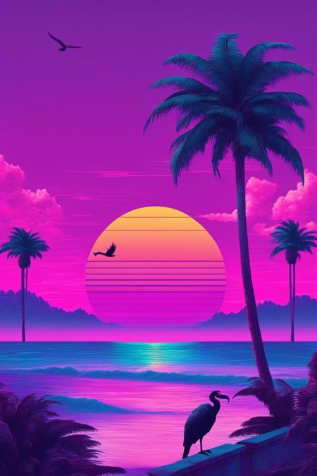 <lora:vaporwave_xl-off:1>vaporwave style, tree, no humans, palm tree, scenery, outdoors, purple sky, sunset, sky, bird, ocean, cloud, water, horizon