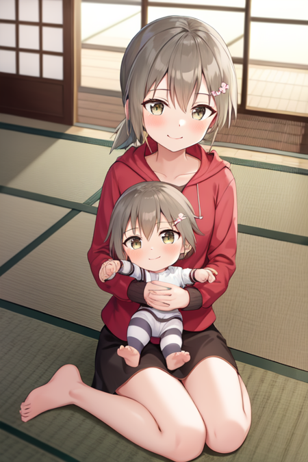 minowagin, hairclip, ponytail, 1girl, holding baby, smile, sitting, barefoot, hood, striped, indoors, tatami, long sleeves, hoodie, jacket, looking at another, flower