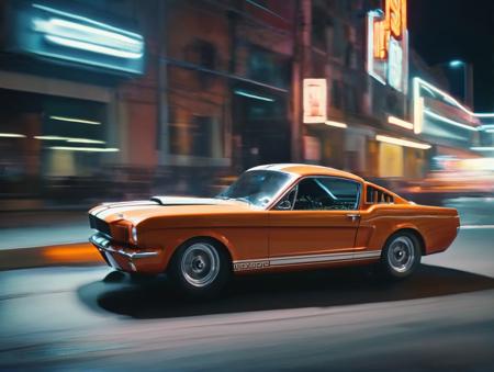 cyberpunkai car, orange 1965 shelby gt350, (driver:1.2),
street race at night, motion blur, highly detailed, cinematic lighting, detailed, 4k, 8k, dslr, 50mm, Hasselblad X2D
 <lora:1965_Ford_Mustang_ShelbyGT350_SDXL_v1_Platypus:1> <lora:CyberPunkAIp:1>