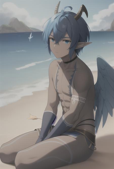 solo, four fingers, on a beach, inticrate background,   male skywing elf, 2 horns, blue hair,   man, 2 feathery wings gray skin, blue top <lora:xadia_elves_small:1>