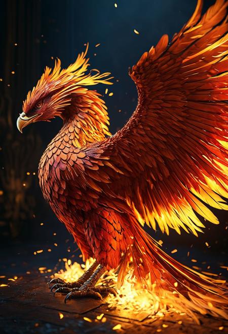 apture a photo-realistic image of a phoenix with wings of fire, adorned with fire feathers featuring intricate red and gold patterning. The phoenix should have colorful, beautiful eyes and be depicted in a dynamic full-body pose. Utilize cinematic lighting with Rembrandt lighting techniques to create depth and drama in the image. Incorporate volumetric lighting to enhance the atmosphere around the phoenix. The photograph should be taken with an aperture of F/2.8 to create a shallow depth of field and focus attention on the subject. Ensure maximum detail and ultra-realism in the rendering. The phoenix should be centered in the frame, commanding attention and exuding beauty and majesty. The overall composition should be visually captivating and showcase the intricate details of the phoenix's feathers.
(Dramatic Lighting, Photography, 3D Illustration, Vibrant Colors, Exquisite Detail, Award Winning, Stunning)  <lora:MJ52:0.5> epiCPhoto