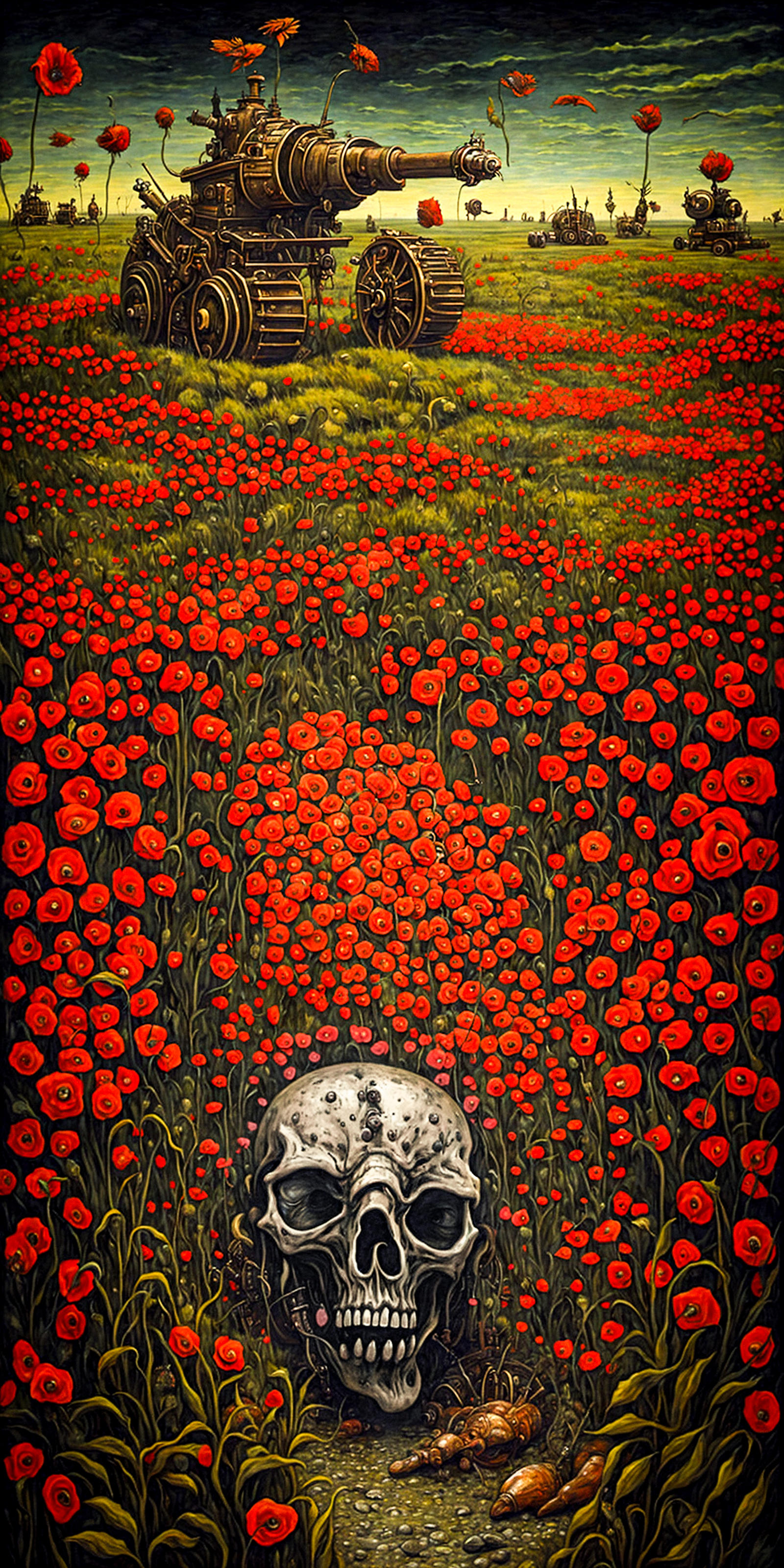 A skull sits in the middle of a field of red flowers.