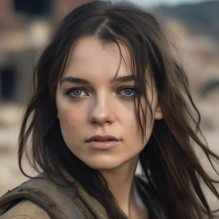 <lora:esme_sdxl:1> esme,, a close up portrait photo of 26 y.o woman in wastelander clothes, long haircut, detailed skin, tan, (freckles:.5),  slim body, background is city ruins, (high detailed skin:1.2), 8k uhd, dslr, soft lighting, high quality, film grain, Fujifilm XT3