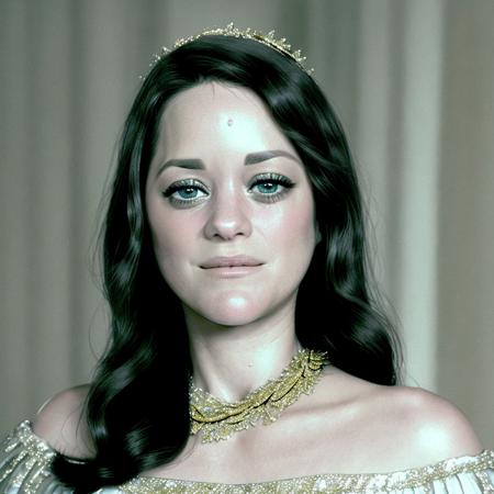 a professional photograph of marion_cotillard,  <lora:marion_01_768_343samples:1>,long brunette hair, white and gold dress, (smiling:0.5)