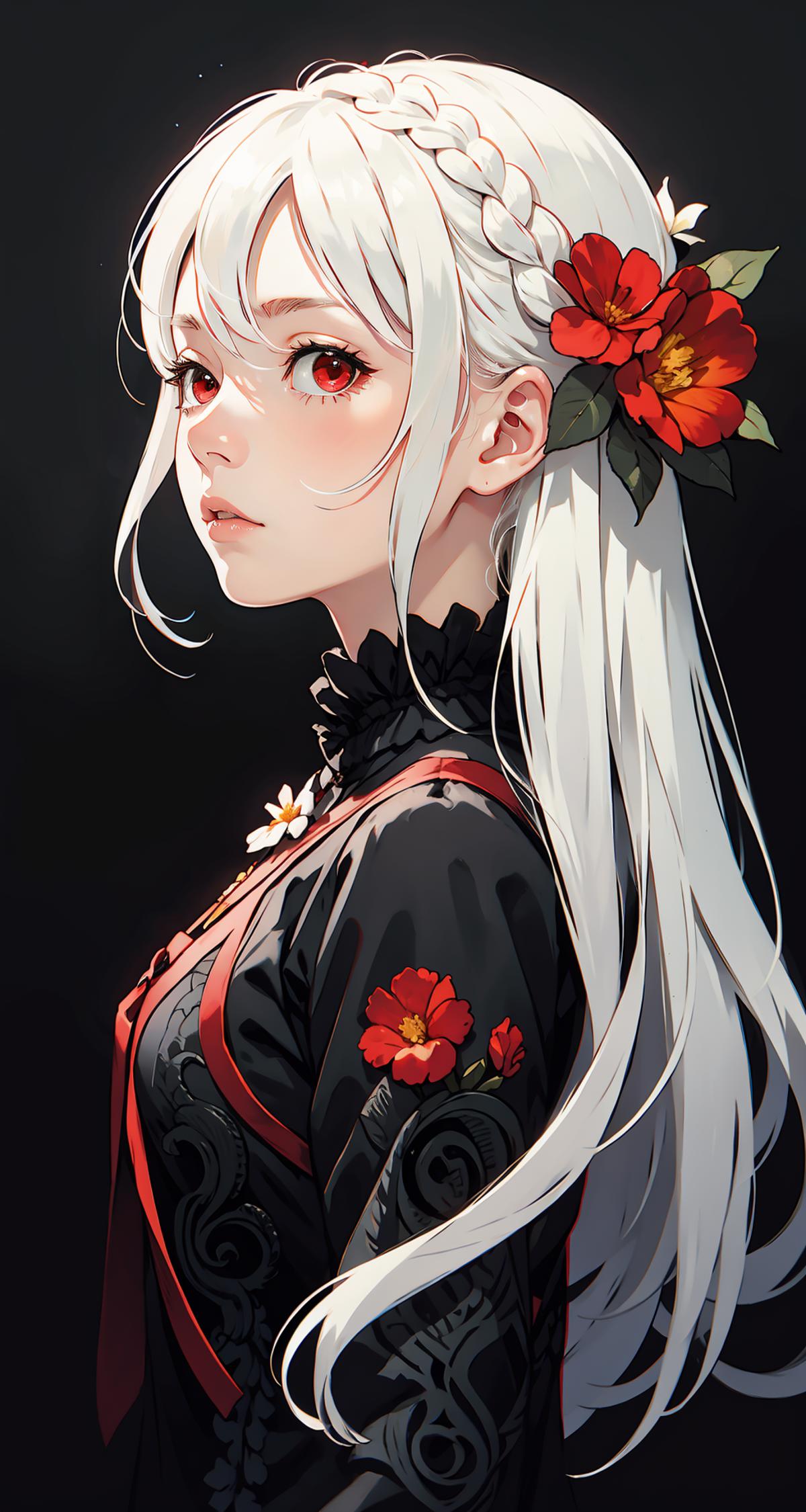 A white and black anime girl with red eyes and a red flower in her hair.