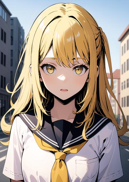 1girl, upper body, yellow hair, school uniform, street  <lora:pitch_black_shadow_V2:1.3>