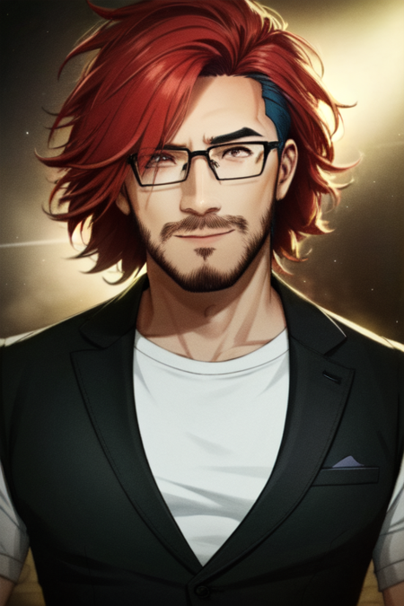 <lora:Markiplier:.7> Markiplier, Mark Fischbach, (masterpiece, best illustration, extreme light and shadow, best fan art, trending on artstation),1boy, facial hair, male focus, glasses, beard, red hair,  wild hair, wind swept hair, disheveled hair, short hair, mowhawk, smile, portrait, mustache, solo, heart shaped face, shaded face,  wearing a black leather vest, white tshirt, epic character composition, thick strokes with paint splatters, by ilya kuvshinov, alessio albi, nina masic, sharp focus, natural lighting, subsurface scattering, f2, 35mm, film grain (dynamic angle), depth of field, (ultra-detailed), cinematic lighting, (((glowing light particles))), shiny skin,  (daylight:.5), (rainbow lights, light leak)