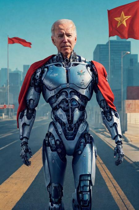 joe biden, male, bright futuristric communist colorful future city conceptual hyperaesthetic knee-high male portrait, (analog portrait of a joe biden male cyborg:1.5), detailed face, photography, hq, photorealistic, colorful [polaroid] with vibrant colors, dramatic, high contrast, high saturation, vintage, faded film, film grain, mist, selective blur, [[[red, orange, yellow, green, light blue, blue, purple]]], (bright futuristric communist ussr colorful future city, lean forward, soft shy smile, cyborg body, human head, male, man, joe biden hair :1.4), distant future, male, joe biden hair, standing and posing, futuristric communist colorful future city background, red flags, knee-high