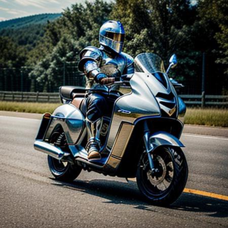 driving, motor vehicle, Motorcycle, modernknight, knight, armor, helmet, armored gloves, very detailed, high quality, highres, masterpiece, best quality, 8k, intricate, detailed, <lora:add_detail:0.6>