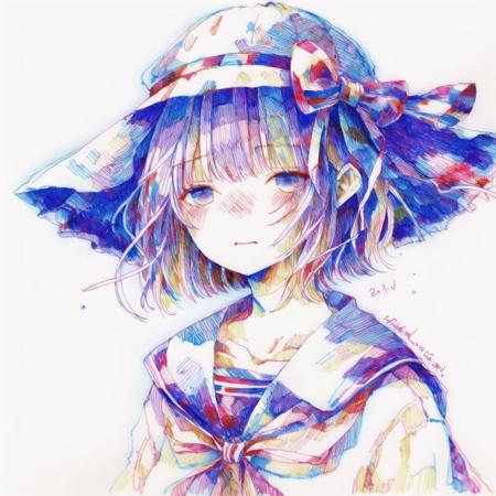 <lora:tmari:1>, tmari,  sketch, traditional media, ballpen drawing, white background, 

1girl, bow, dress, female focus, frills, hat, lightning, purple hair, red eyes, ribbon, shawl, short hair, solo