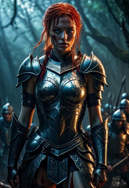 Ultra detailed digital art masterpiece beautiful Warrior girl dressed in a plate iron Armor and mini skirt, Standing on a bloody battlefield at the head of an army of knights, where a bloody slaughter is taking place, standing in battle pose, a dark epic fantasy, perfect lighting, beautiful Sadie Sink as bloody Warrior girl, attractive woman, elegant, beautiful woman of athletic body, epic shot of the whole Warrior girl, unreal engine 5 nanite quality, dark environment, very stormy day, LOTR style, dark washed out eyeliner, no make up, natural bloody pale face, realistic blue eyes, ultra detailed atmospheric details, beautiful glowing effects, sparkle effects, realistic body proportions, beautiful face proportions, complex masterpiece, wavy red hair, creative glowing detailed tattoos, complex physics, enhanced colors, complimentary colors, ultra detailed raytracing reflections, Ultra detailed complex background, environment feels alive, direct eye contact, dramatic lighting, wet and sweaty skin, beautiful firm Breasts, Daylight, Concept art by Greg Rutkowski, adding to the intense and dynamic atmosphere of the scene.