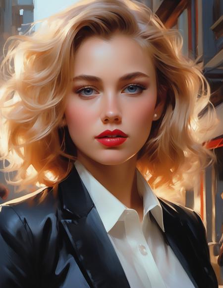 <lora:srstjms-000006:1>, portrait photograph of a srstjms ,  as a movie star, blonde, red lipstick, turtleneck sweater, buttoned up jacket, (trousers), modelshoot style, (extremely detailed CG unity 8k wallpaper), photo of the most beautiful artwork in the world, professional majestic oil painting by Ed Blinkey, Atey Ghailan, Studio Ghibli, by Jeremy Mann, Greg Manchess, Antonio Moro, trending on ArtStation, trending on CGSociety, Intricate, High Detail, Sharp focus, dramatic, photorealistic painting art by midjourney and greg rutkowski, (walking down the street), (looking at viewer), (detailed eyes:1.2),(perfect eyes:1.3), ((closeup portrait:1.2)), (bokeh)