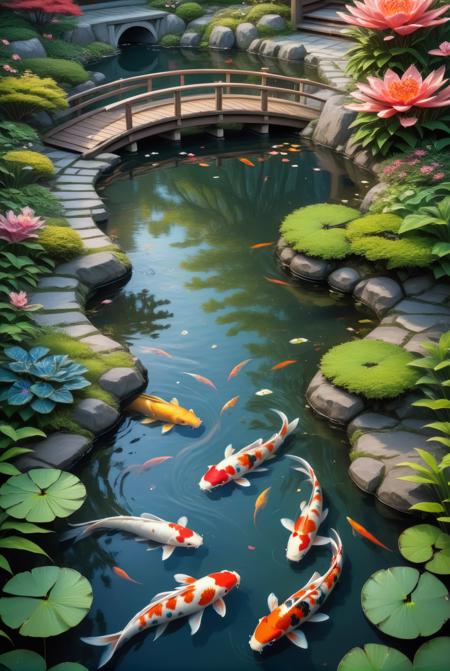 xl_kk, a pond with koi fish in a japaneese garden, masterpiece <lora:Saturated_Landscape_XL-KK:1>