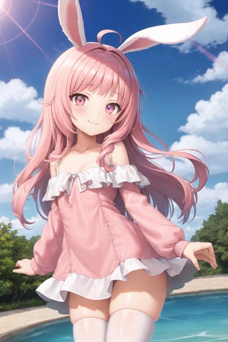 1girl, <lora:ElinDressLeg-000010:0.8>, elin, white thighhighs, pink dress, smile, off shoulder, pink hair, rabbit ears, forehead, curly hair,