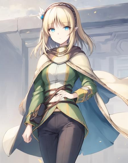 cayna, blue eyes, short hair, black pants, pointy ears, bangs, hairband, hair ornament, blonde hair, cape