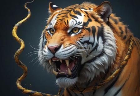JuggernautNegative, <lora:xl_yamer_style-2.0:1>"Produce a stunning UHD 4K digital artwork featuring a majestic tiger with a snake wrapped around its neck. Create a vibrant and highly detailed art piece, utilizing rich colors and intricate details to portray the sacred and powerful presence of the tiger. Render the artwork in a highly detailed vector art style, emphasizing the interaction between the tiger and the snake, showcasing their contrasting yet harmonious relationship. Focus on striking details and bright colors to bring depth and intensity to this captivating 4K digital artwork."
